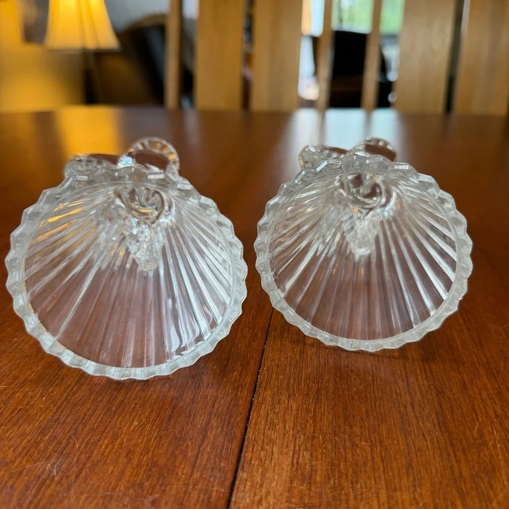 TWO VTG  Clear Glass Praying Angel Taper Candle Holders Ribbed Base Christmas